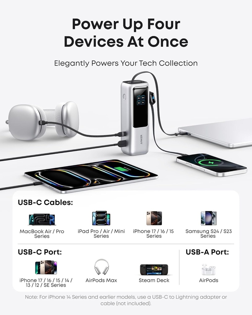 Anker - Batería portátil para laptop de 25,000 mAh con tres puertos USB-C de 100 W, cables retráctiles incorporados, aprobado para vuelos, para iPhone serie 17/16, MacBook, Samsung y más 