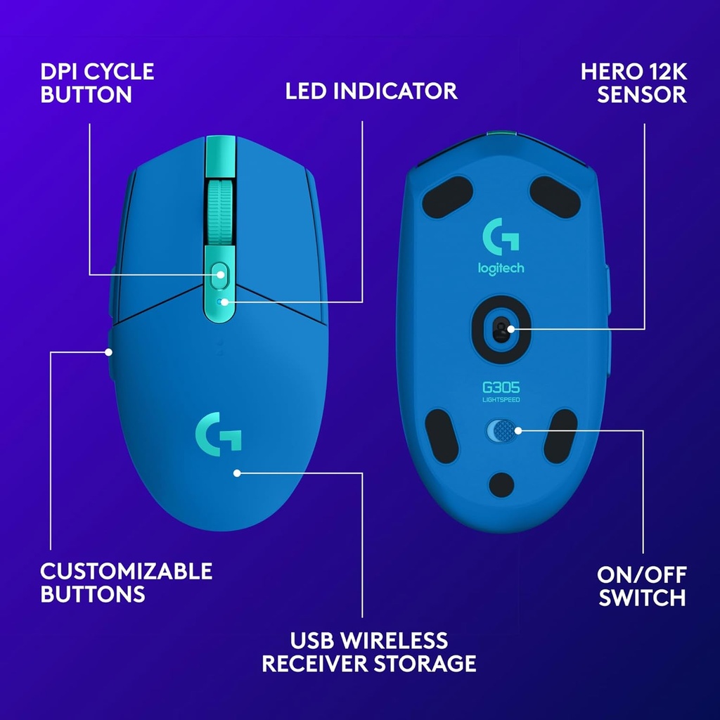 Logitech G 305 LIGHTSPEED - Mouse inalámbrico para juegos, sensor Hero 12K, 12,000 DPI, ligero, 6 botones programables, duración de la batería de 250 horas, memoria integrada, PC/Mac, color azul