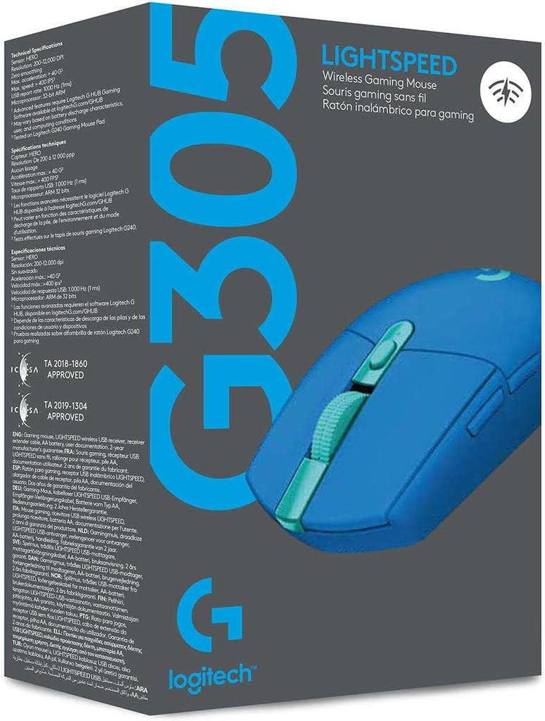 Logitech G 305 LIGHTSPEED - Mouse inalámbrico para juegos, sensor Hero 12K, 12,000 DPI, ligero, 6 botones programables, duración de la batería de 250 horas, memoria integrada, PC/Mac, color azul