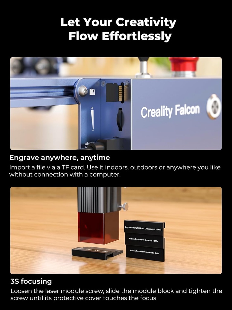 Creality Falcon Pro - Grabador láser de 10 W, con láser 3 en 1 para grabado de madera, máquina de grabado láser eficiente de 72000 mW, para madera, metal, papel, acrílico, cuero, vidrio, vaso, anillo 