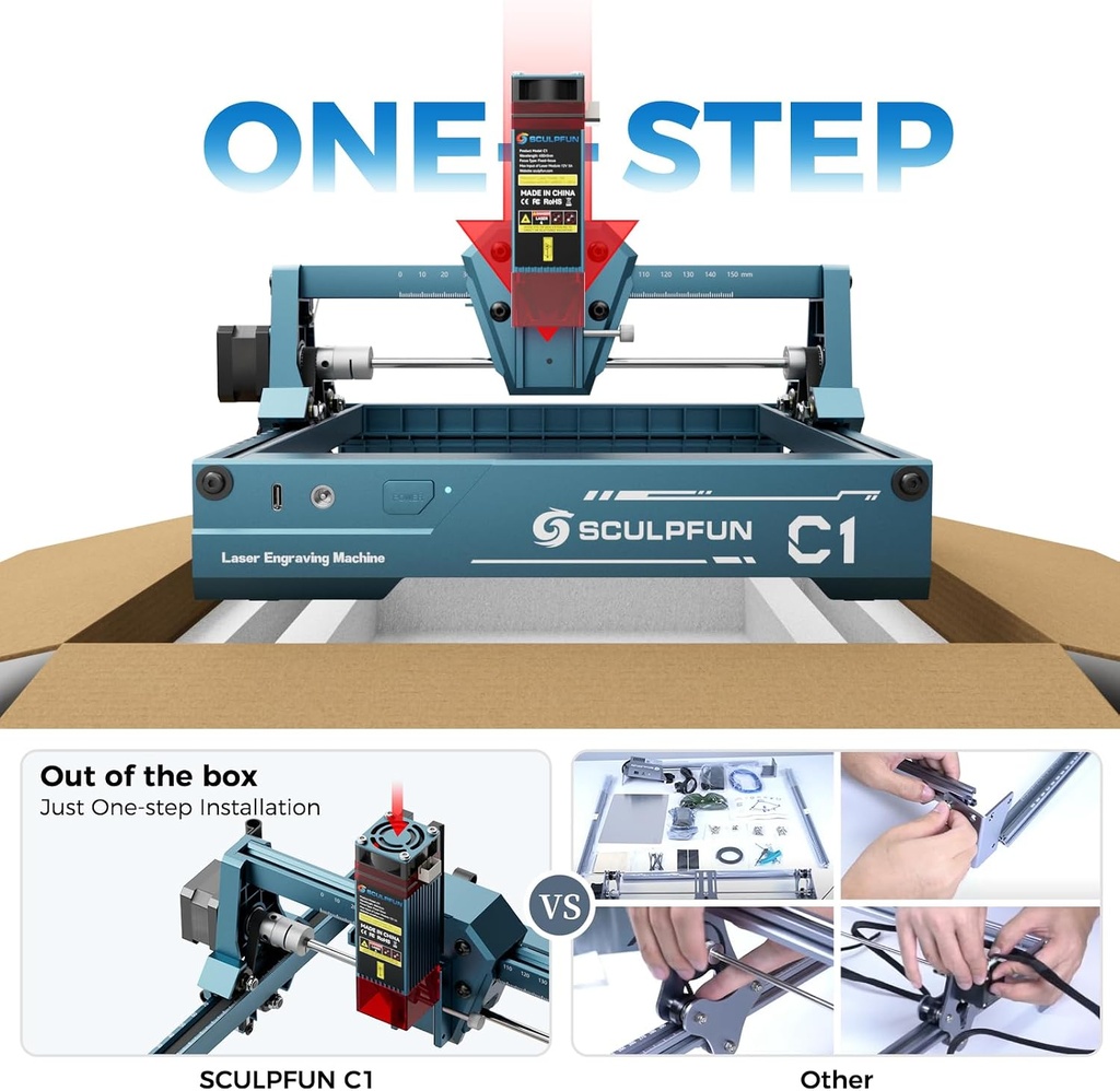SCULPFUN Mini máquina de grabado láser C1 - Grabador láser portátil de 3 W para principiantes, 0.002 in de alta precisión, Plug and Play, ideal para bricolaje madera, acrílico y cuero, área de grabado de 5.906 x 5.118 in 