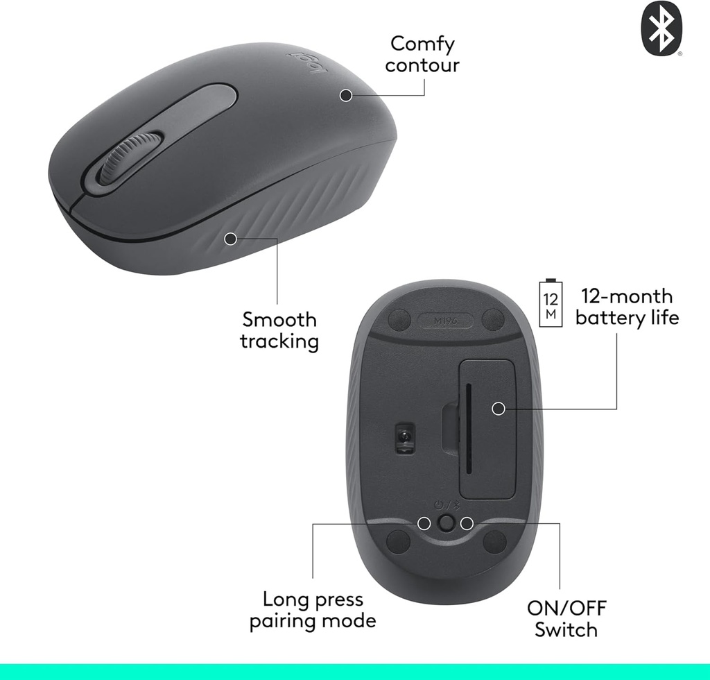 Logitech Ratón inalámbrico Bluetooth M196, compacto y portátil para portátiles, tabletas y más, batería de 12 meses, seguimiento suave, compatible con PC y Mac, Windows y macOS, grafito