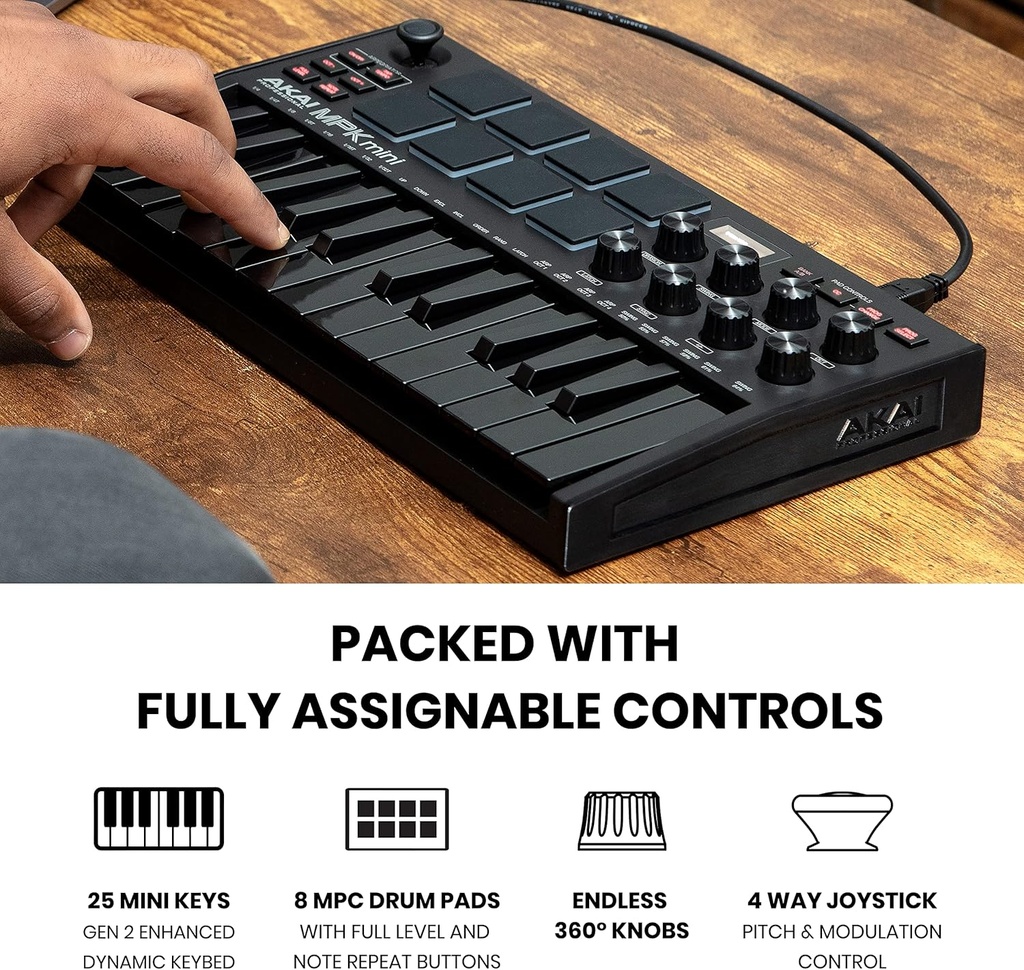 AKAI Professional MPK Mini MK3 - 25 Key USB MIDI Keyboard Controller With 8 Backlit Drum Pads, 8 Knobs and Music Production Software included (Black)