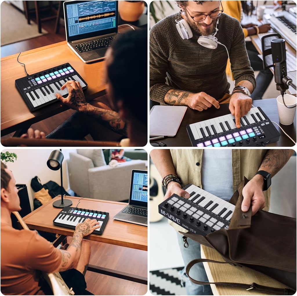 M-VAVE Controlador de teclado MIDI USB de 25 teclas con 8 almohadillas retroiluminadas, teclado dinámico profesional semiponderado Bluetooth, 8 perillas y producción de música, software incluido