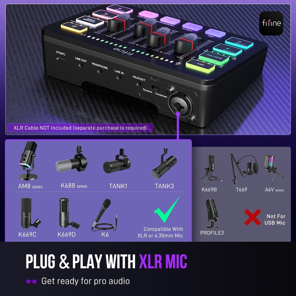 Mezclador de audio FIFINE para juegos, streaming con interfaz de micrófono XL Ralimentación fantasma de 48 V,