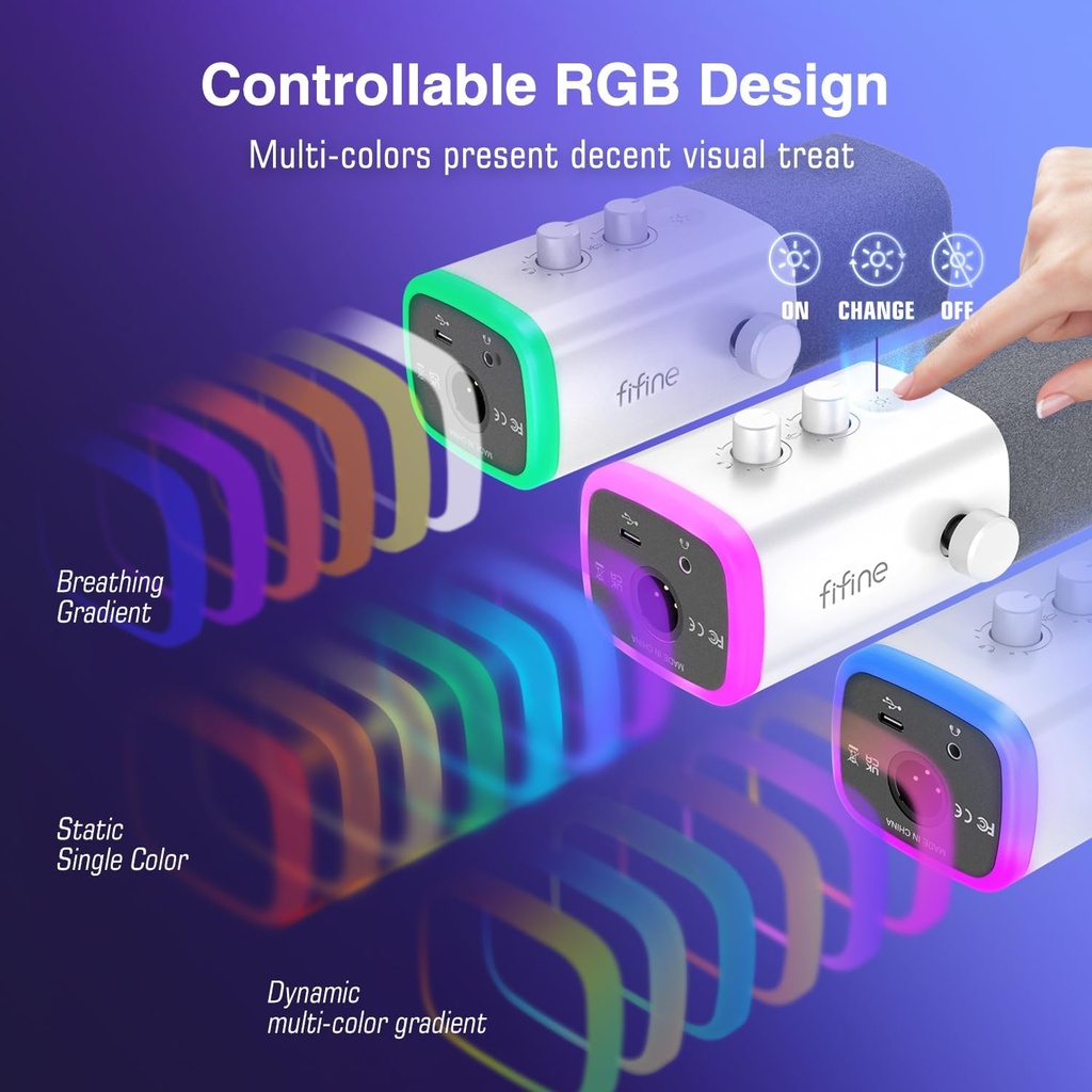 Microfono FIFINE AM8 Blanco - Conexion XLR/USB - Iluminacion RGB - Con Conector para auriculares.