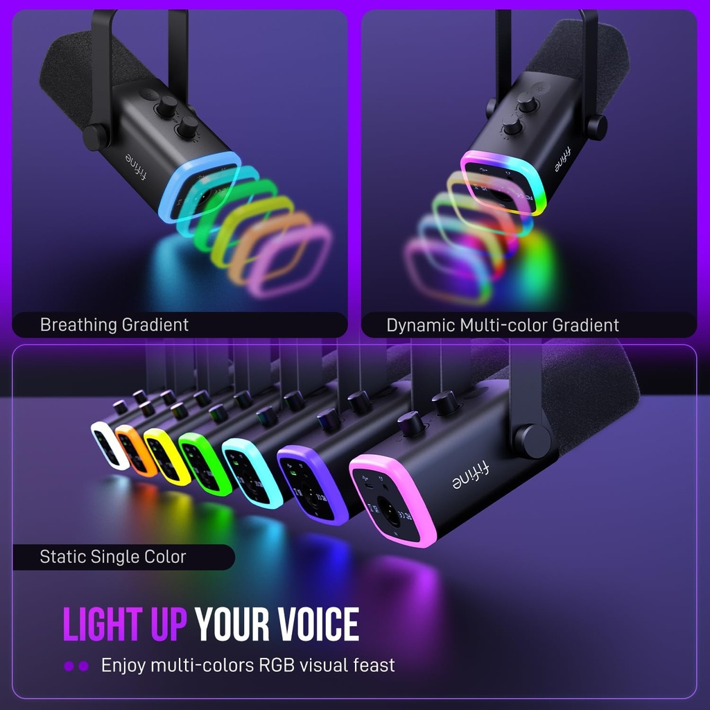 Microfono FIFINE AM8 Negro - Conexion XLR/USB - Iluminacion RGB - Con Conector para auriculares.