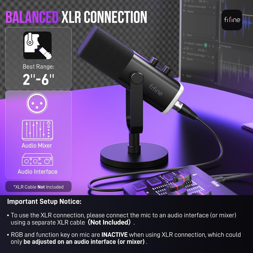 Microfono FIFINE AM8 Negro - Conexion XLR/USB - Iluminacion RGB - Con Conector para auriculares.