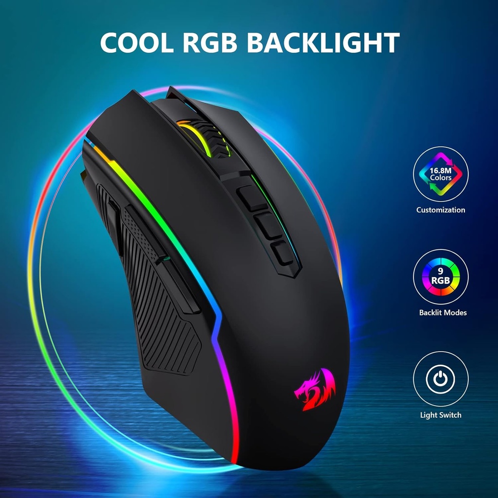 Mouse Gamer Redragon Ranger M910-K cableado - RGB, 8000 DPI ajustable, 9 botones macro programables y botón de fuego, software compatible con teclas DIY