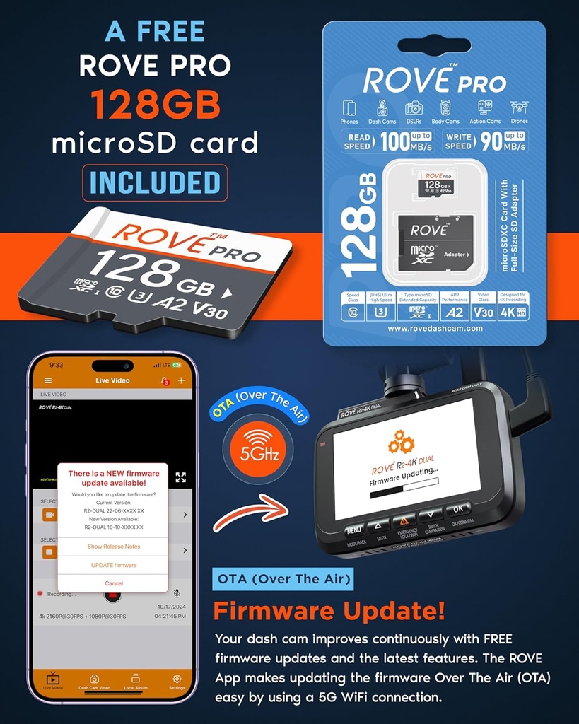 ROVE Cámara de tablero dual R2-4K frontal y trasera