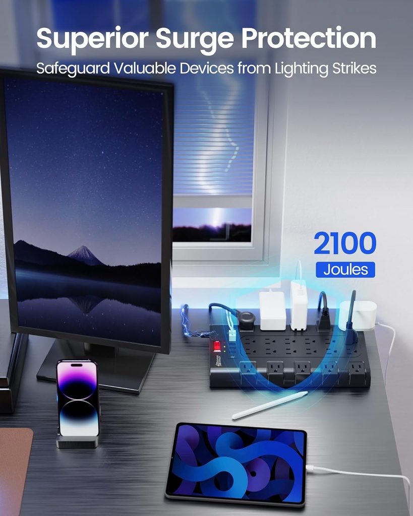 Regleta Power Strip, SUPERDANNY Surge Protector with 22 AC Outlets and 6 USB Charging Ports, 1875W/15A, 2100 Joules, 6.5Ft Flat