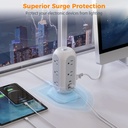 Regleta de alimentación de torre con enchufe plano con 11 tomacorrientes, 3 USB (1 USB C), torre protectora contra sobretensiones TESSAN 1625W/13A, protección 1050J, cable de extensión de 6 pies con