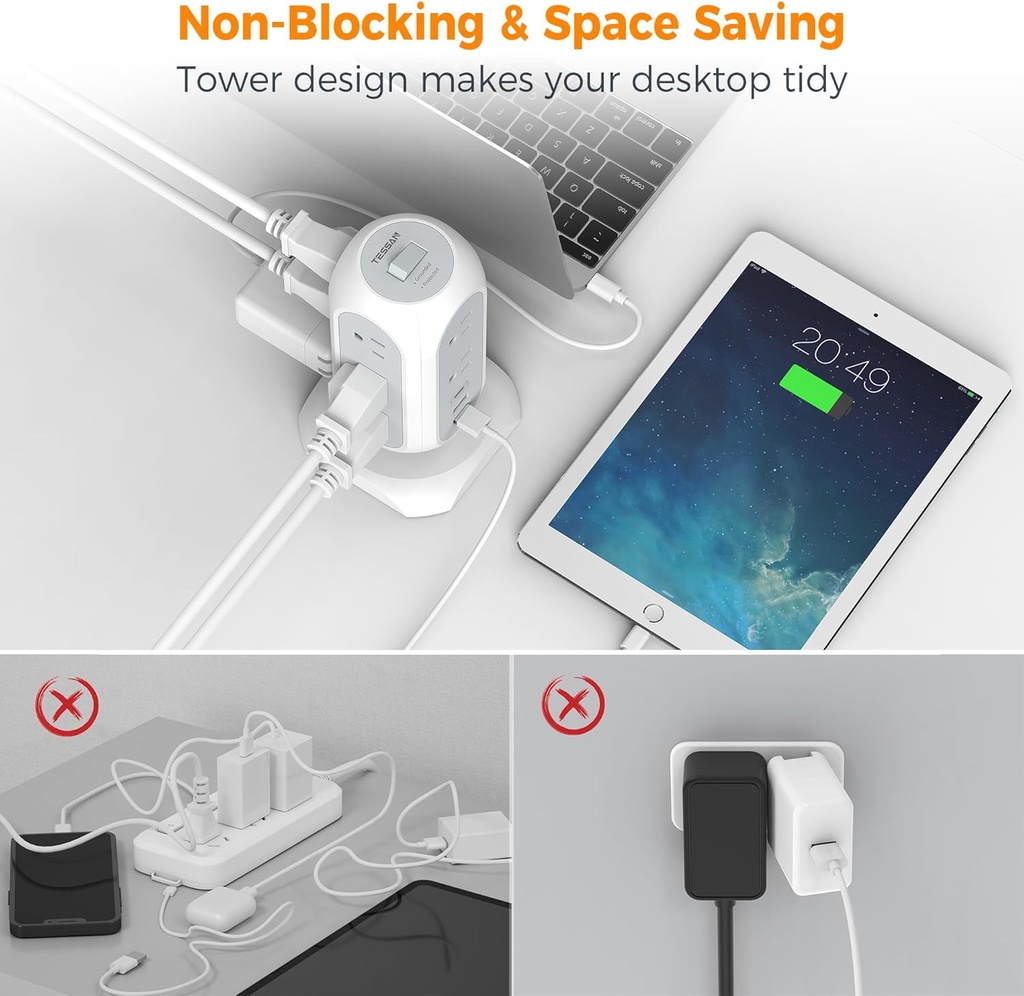 Regleta de alimentación de torre con enchufe plano con 11 tomacorrientes, 3 USB (1 USB C), torre protectora contra sobretensiones TESSAN 1625W/13A, protección 1050J, cable de extensión de 6 pies con