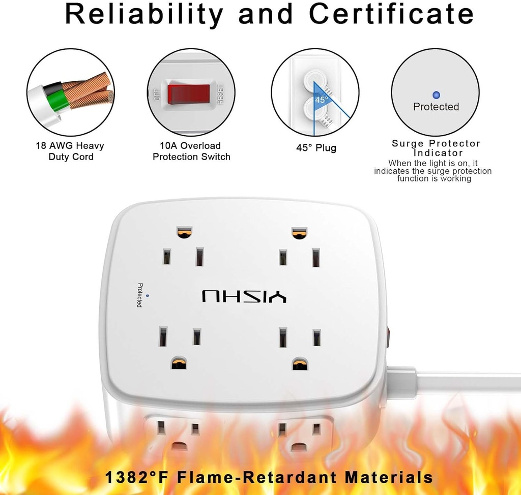Regleta protectora de sobretensiones de 6 pies, 8 tomas amplias con 4 puertos USB, extensor de salida de 3 lados con cable de extensión de 6 pies