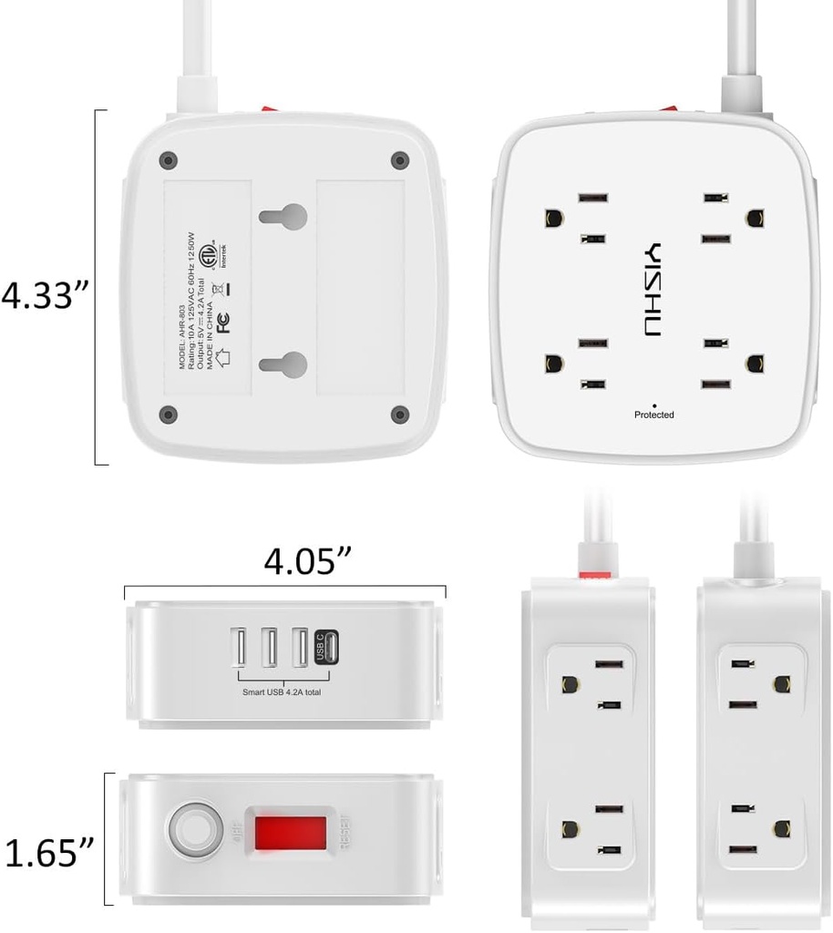 Regleta protectora de sobretensiones de 6 pies, 8 tomas amplias con 4 puertos USB, extensor de salida de 3 lados con cable de extensión de 6 pies