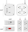 Regleta protectora de sobretensiones de 6 pies, 8 tomas amplias con 4 puertos USB, extensor de salida de 3 lados con cable de extensión de 6 pies