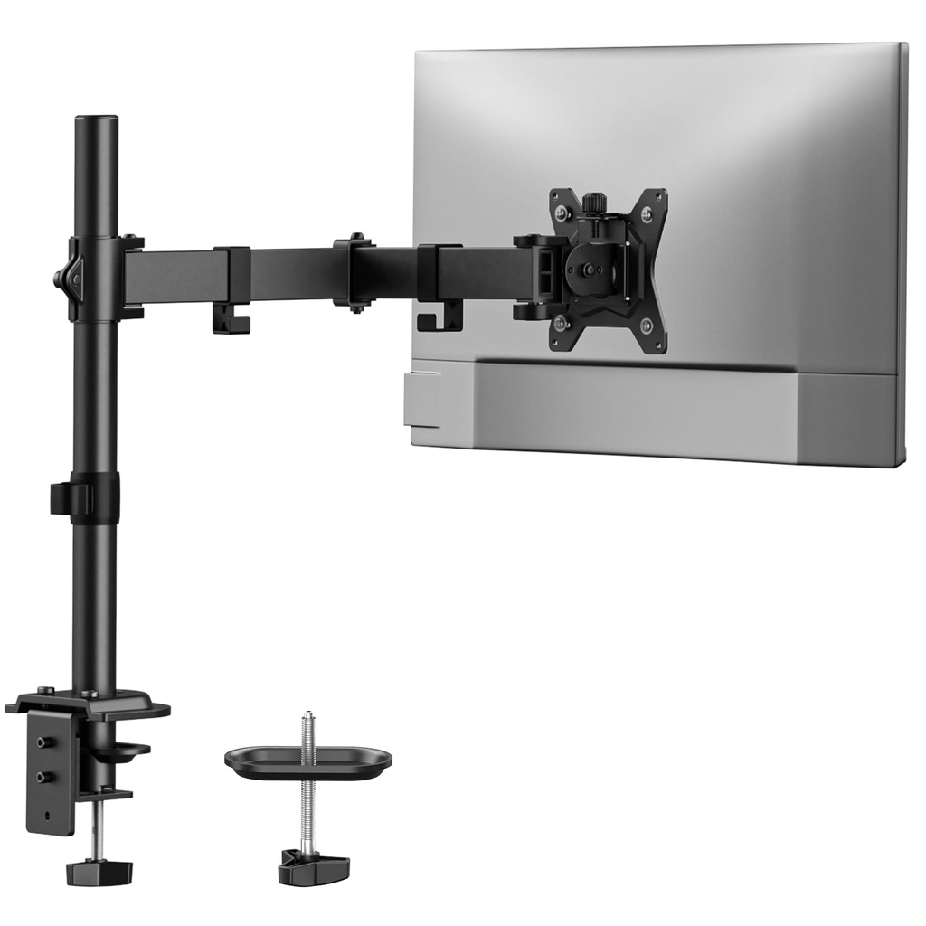 HUANUO Soporte para monitor único, brazo de monitor para monitores de 13"-32" de hasta 17.6 libras, soporte de monitor ajustable con altura máxima de 16", soporte de escritorio con abrazadera en C y