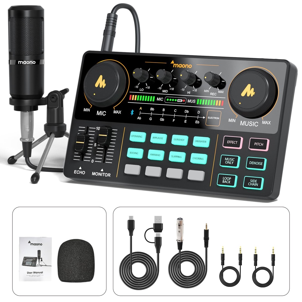 MAONO Podcast Equipment Bundle-MaonoCaster Lite -Audio Interface-All in One-Podcast Production Studio with 3.5mm