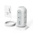 Regleta de alimentación de torre con enchufe plano con 11 tomacorrientes, 3 USB (1 USB C), torre protectora contra sobretensiones TESSAN 1625W/13A, protección 1050J, cable de extensión de 6 pies con