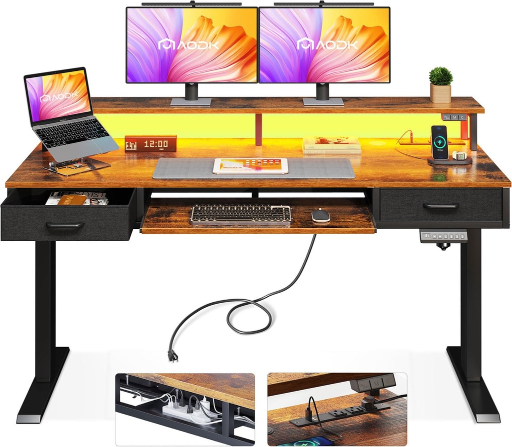 AODK Escritorio eléctrico de pie con cajones y bandeja para teclado, escritorio de juegos ajustable de altura de 55 pulgadas con tomas de corriente y luces LED, mesa de pie con soporte para monitor 