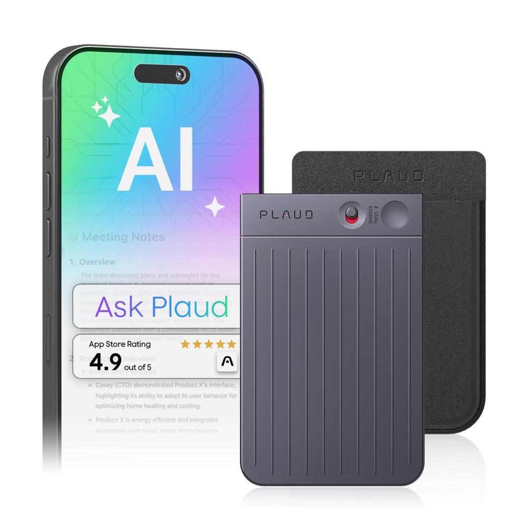 Grabadora de voz AI, grabadora de voz PLAUD Note con funda, control de aplicaciones, transcribir y resumir potenciado por ChatGPT, compatible con 59 idiomas, memoria de 64 GB, grabadora de audio para 