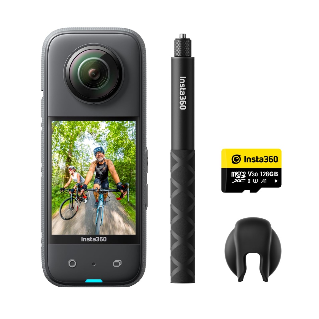 Insta360 X3 Kit de Vlog de 128 GB - Cámara de acción 360 con video HDR activo de 5.7K 360, cámara de lente única 4K, impermeable, estabilización FlowState, pantalla táctil de 2.29 pulgadas, edición AI
