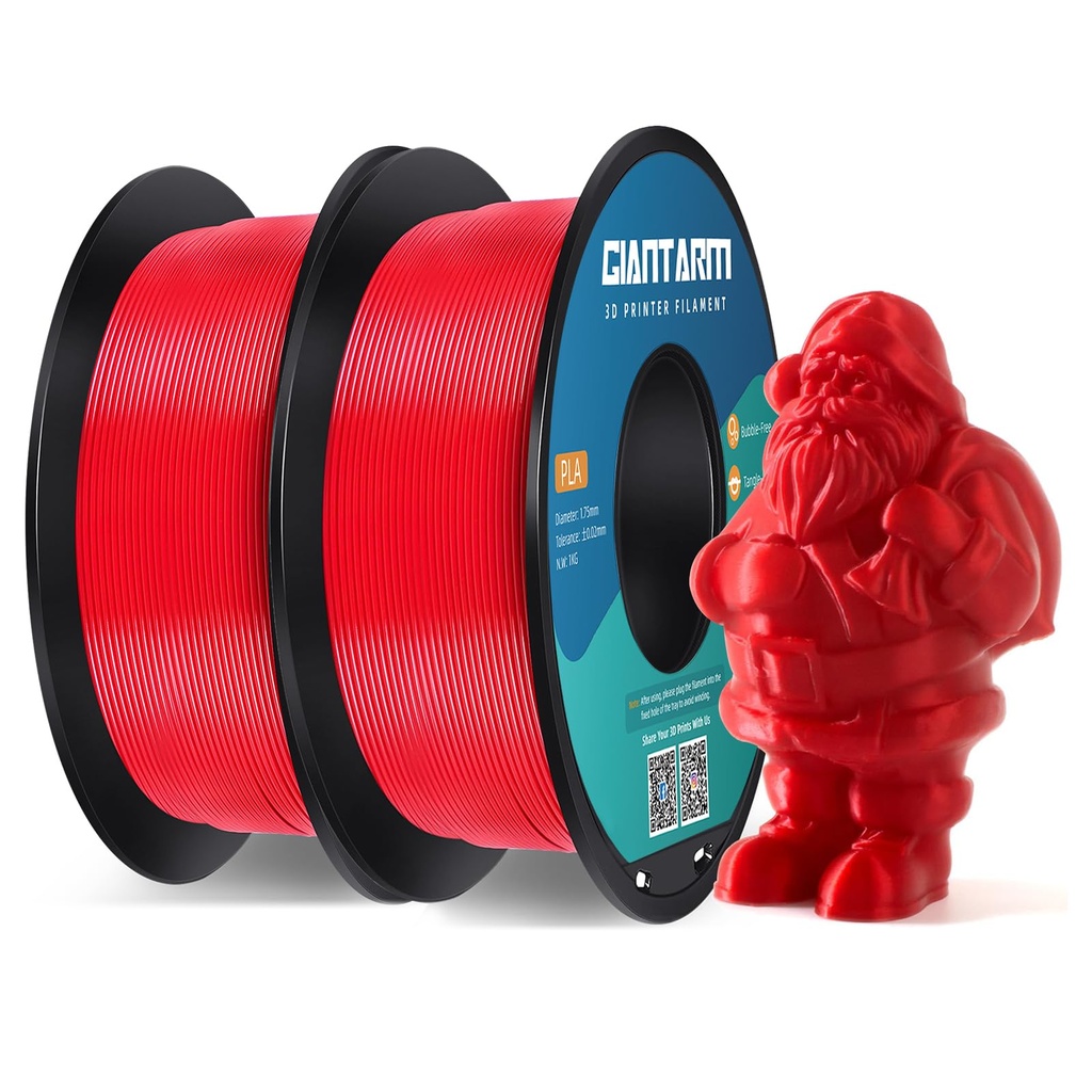 GIANTARM - Filamento para impresora 3D, 2 piezas de filamento pla rojo, carrete de 1 kg (2.2 lbs), precisión dimensional de 1.75 mm +/- 0.03 mm, filamento para impresión 3D Rojo 
