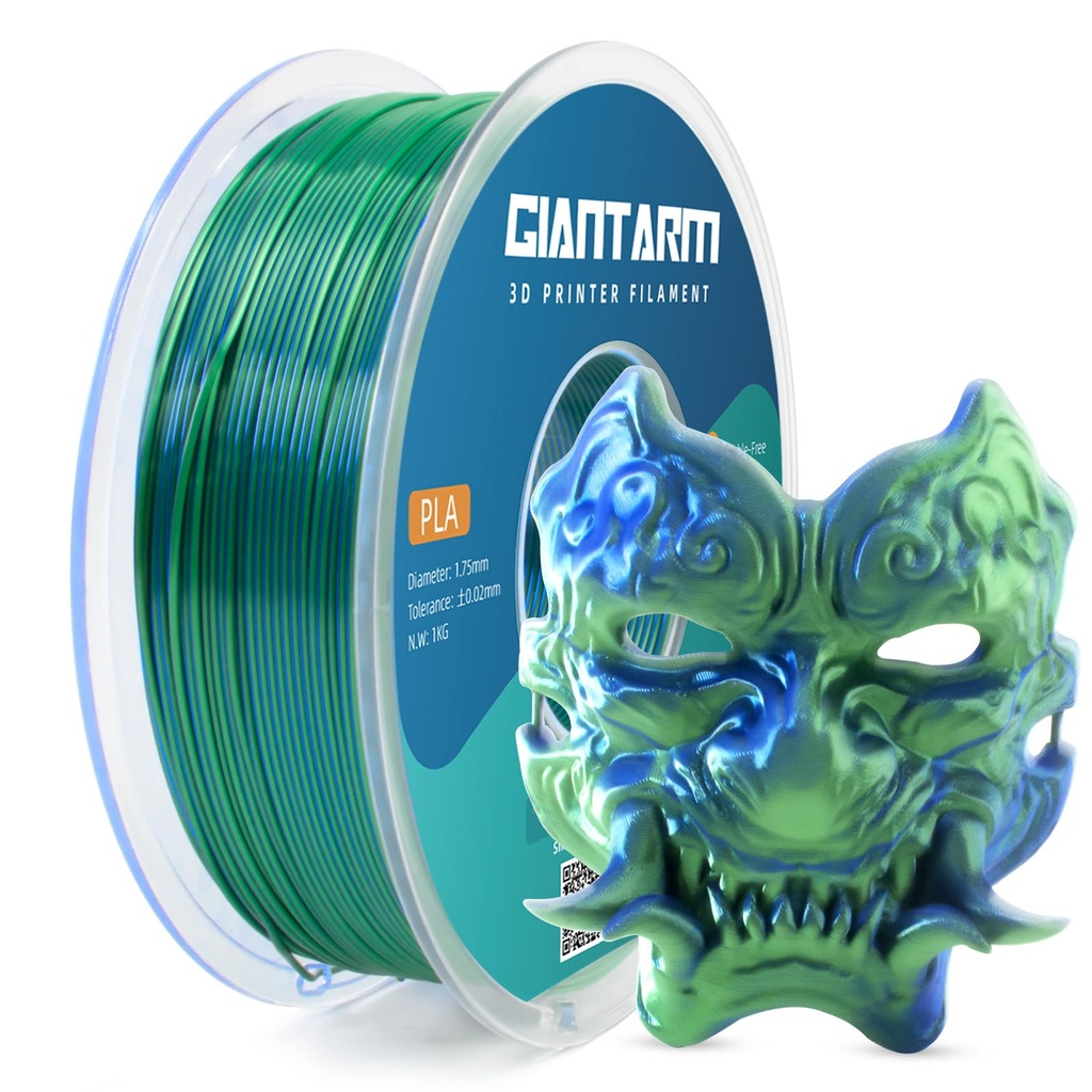 GIANTARM Filamento PLA de doble color, filamento PLA de seda de 0.069 in +/-0.001 in, carrete de 2.2 libras, embalaje al vacío, filamentos de impresión 3D que se adaptan a la mayoría de impresoras FDM azul/verde 