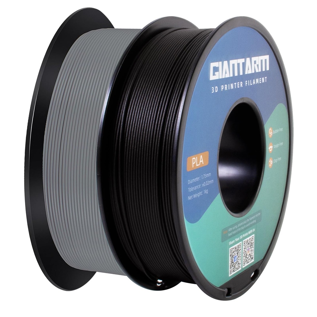 GIANTARM Filamento de ácido poliláctico, precisión dimensional de 1.75 mm +/-0.02mm, 2 carretes de 1 kg (2.2 libras) para la mayoría de impresoras 3D FDM, total 2 Kg, negro y gris 