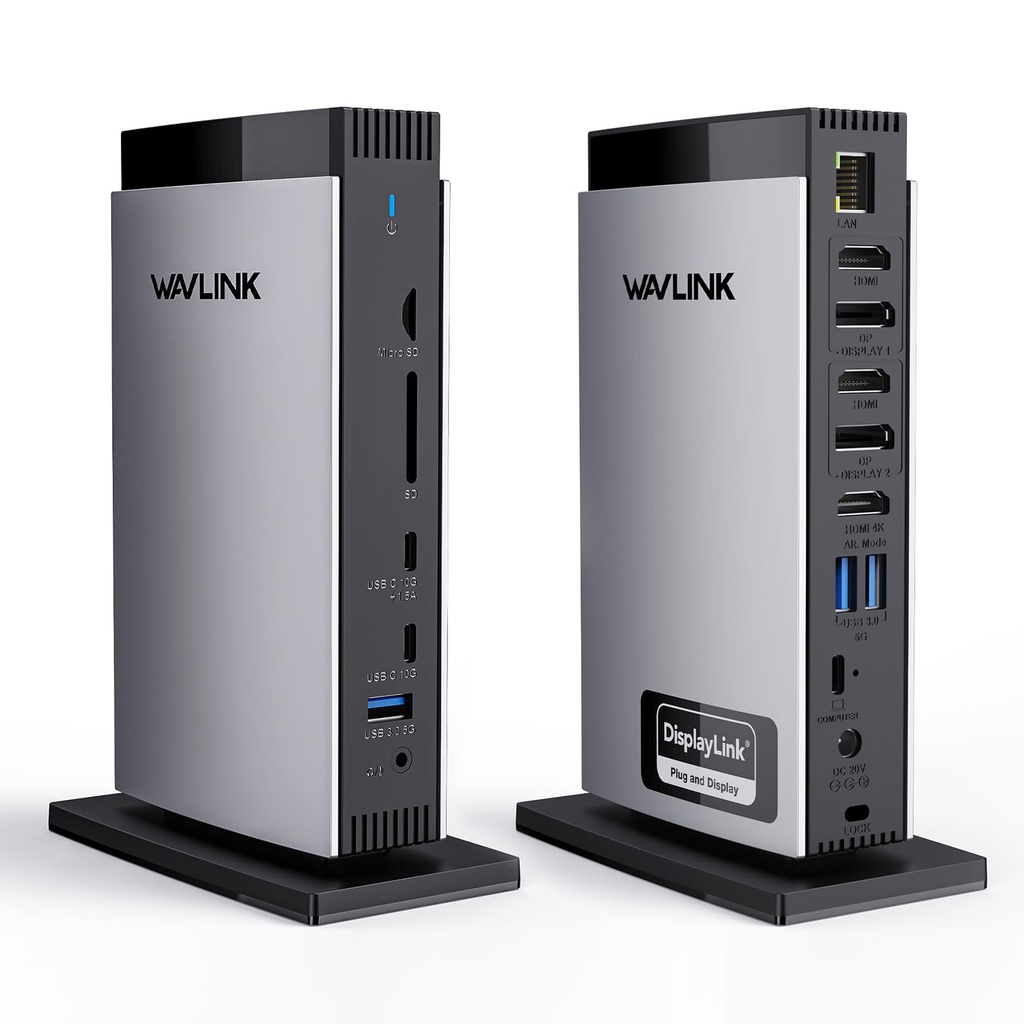 WAVLINK DisplayLink - Estación de acoplamiento de 3 monitores con adaptador de corriente de 130WPD, base USB C para laptop M1/M2/M3/M4/Mac y Windows, Thunderbolt 4/3 