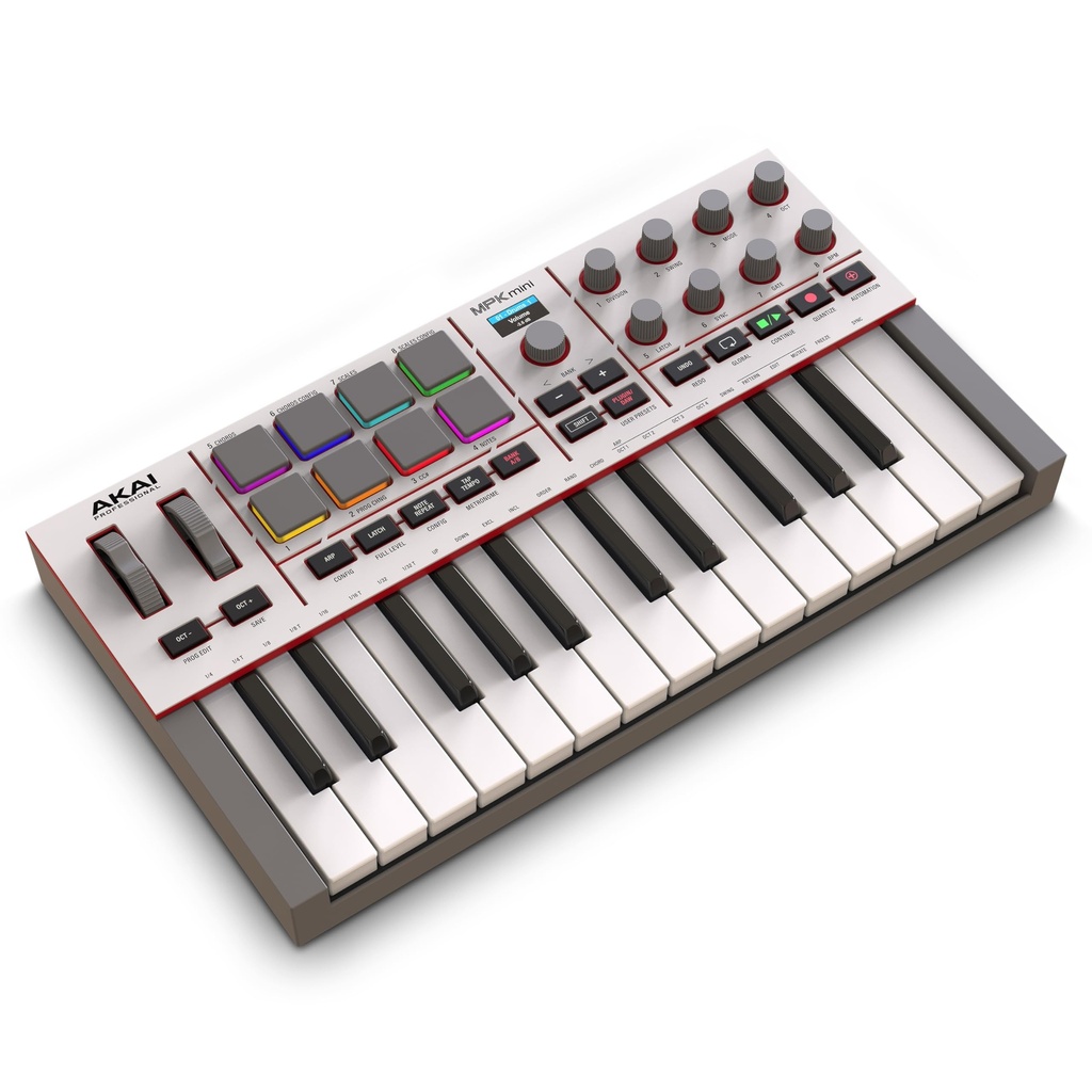 Akai Professional MPK Mini IV USB-C MIDI Controlador de teclado para principiantes y productores - Almohadillas de batería MPC, perillas de 360°, ruedas de tono y mod, software de lecciones y producción de música con más de 1000 sonidos, gris 