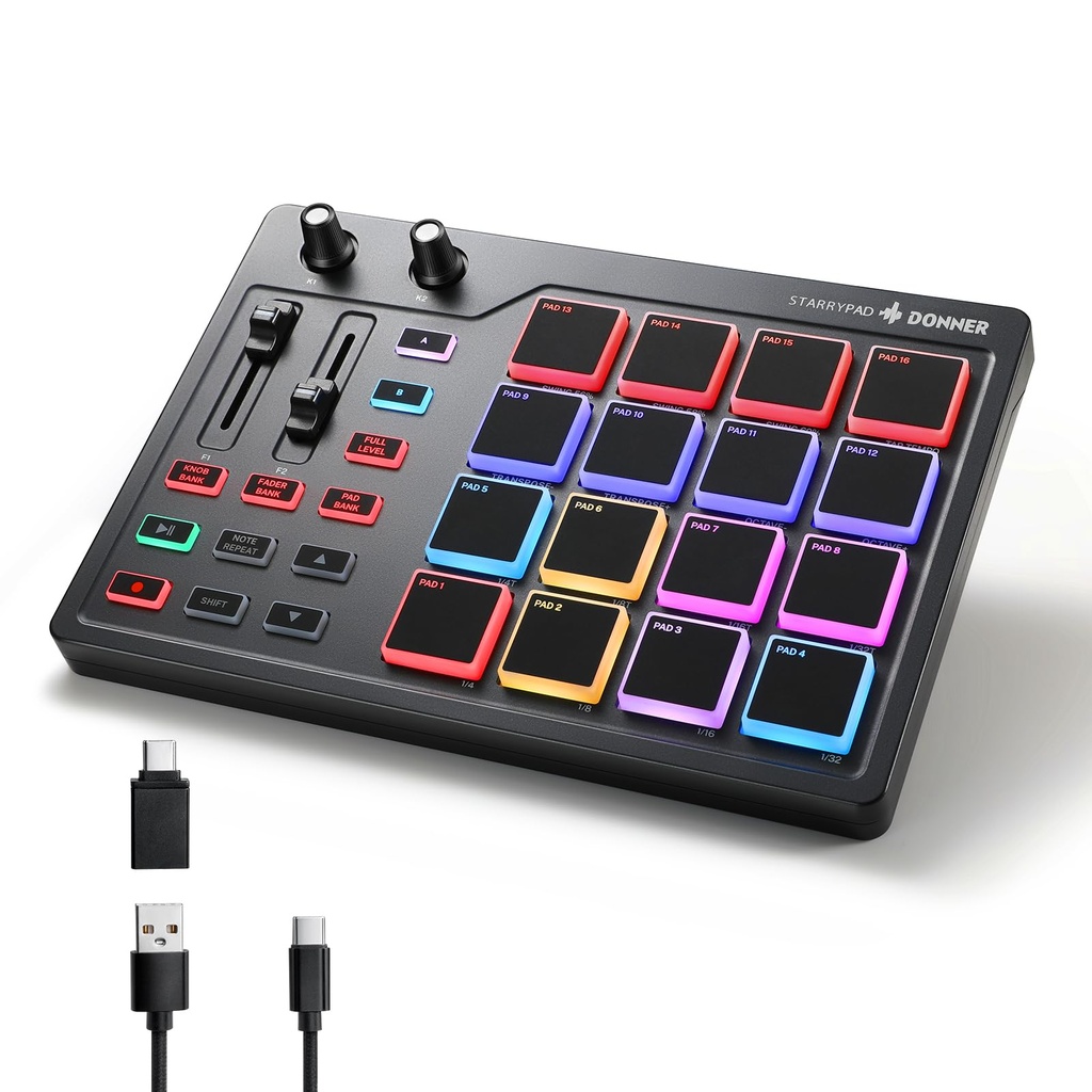 Donner Máquina profesional MIDI Pad Beat Maker, máquina de batería con 16 almohadillas de ritmo, 2 faders y perillas asignables y software de producción de música, controlador MIDI USB con 40 cursos 