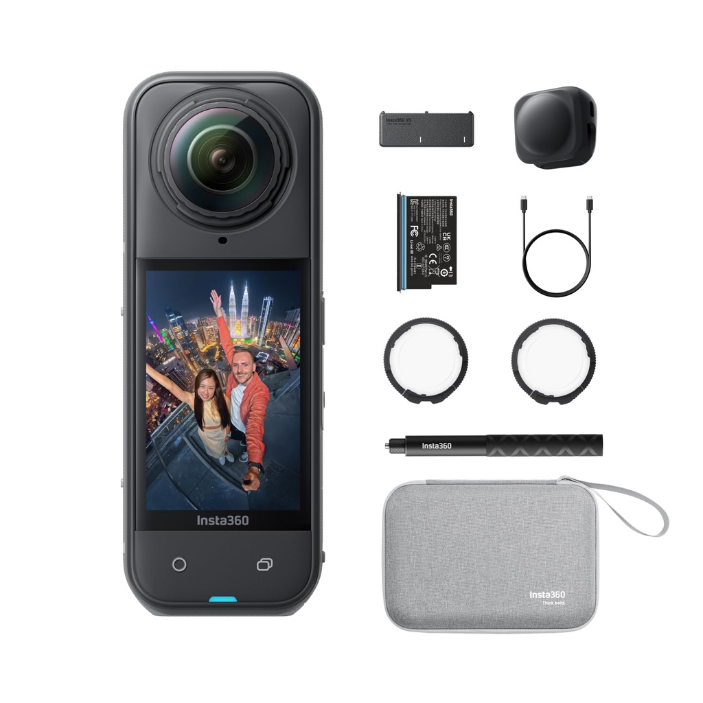 Insta360 X5 Paquete Esencial - Cámara de acción 8K 360° impermeable, líder en poca luz, efecto de palo de selfie invisible, lente resistente y reemplazable, batería de 3 horas