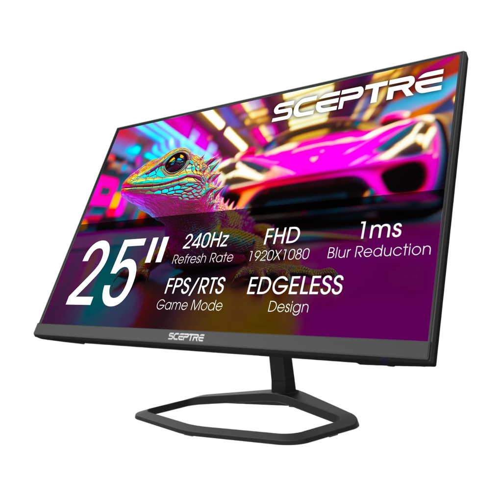 Sceptre - Monitor para juegos de 24.5 pulgadas, 240Hz, 1ms, DisplayPort x2, HDMI x2, 100% sRGB, AMD FreeSync Premium, altavoces integrados, negro máquina, 2026 (serie E255B-FWD240)