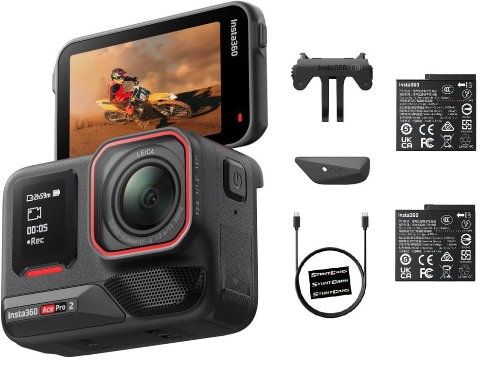 Insta360 Ace Pro 2 - Lente de cámara de acción impermeable de 33 pies, sensor grande de 8K y doble edición de IA con reducción de ruido de 1/1.3 pulgadas, luz baja líder con batería adicional incluida