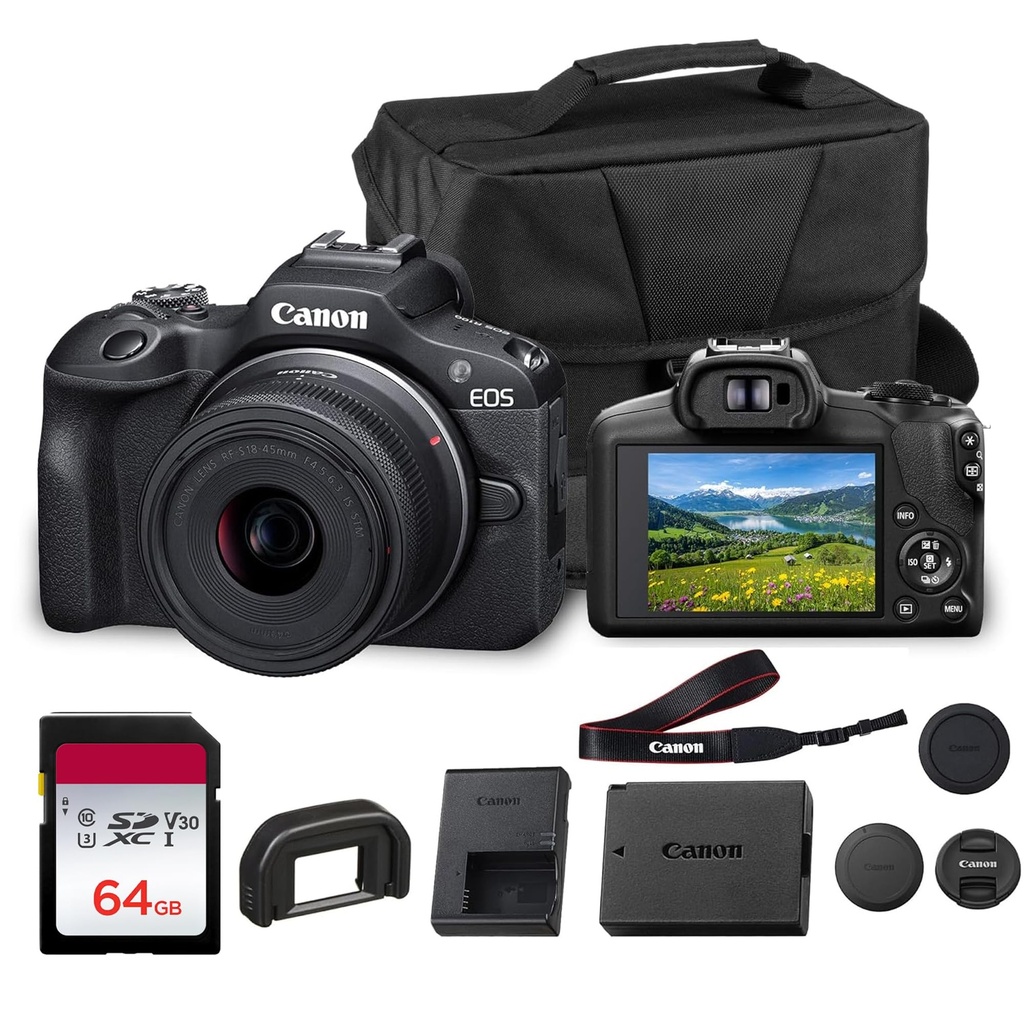 Cámara Canon EOS R100 sin espejo con lente RF-S 18-45mm f/4.5-6.3 IS STM | Sensor CMOS APS-C de 24.1MP, Autoenfoque Dual Pixel, Vídeo Full HD