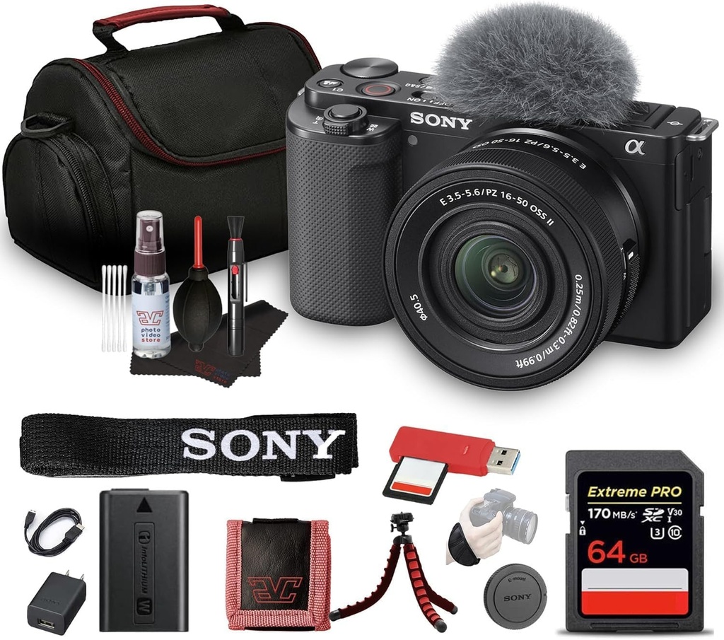 Sony ZV-E10 - Kit de cámara sin espejo con lente de zoom de potencia de 16-50mm II (negro) | Sensor APS-C | Herramienta compacta para creadores + tarjeta de 64GB + bolsa + lector de tarjeta + cable