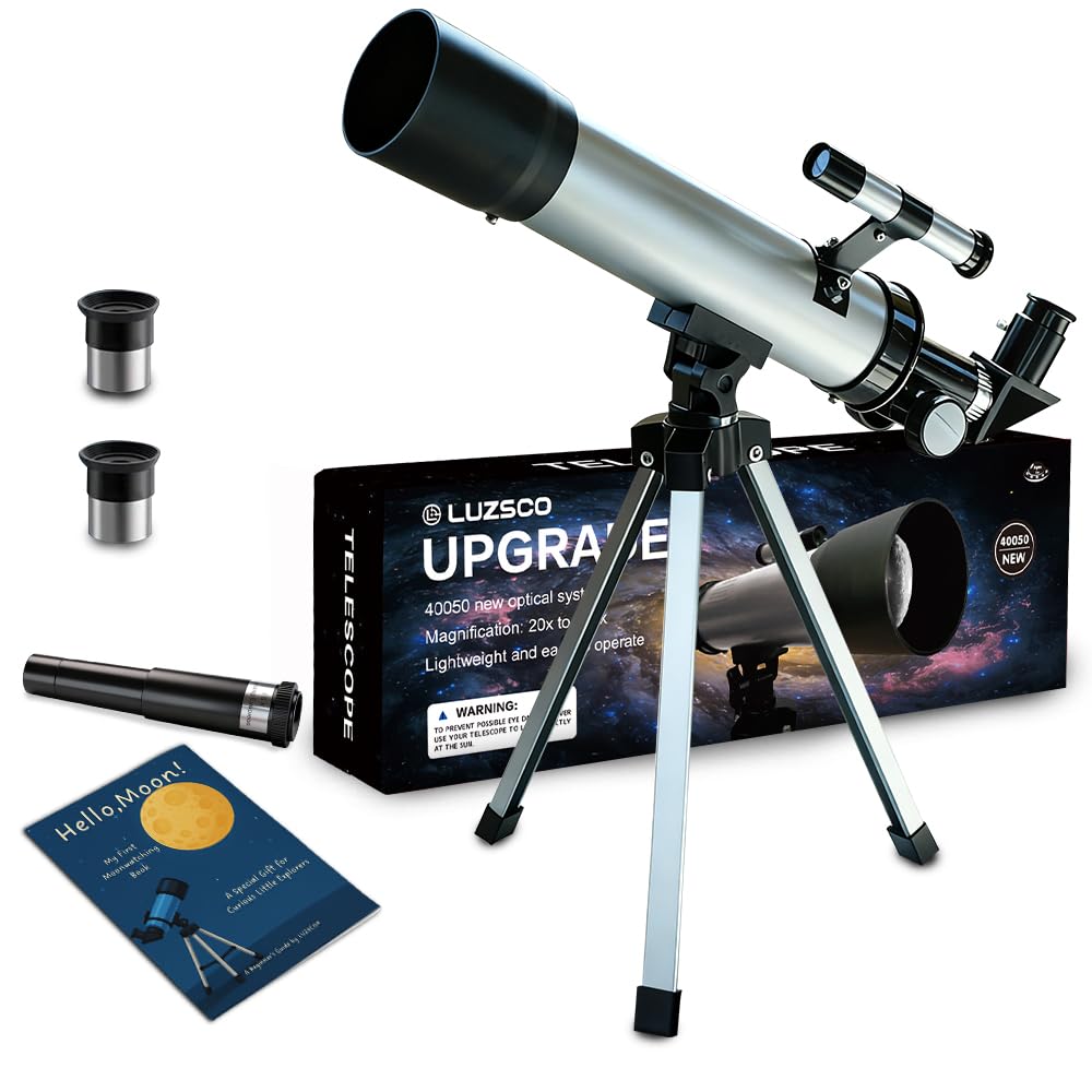 Telescopio para niños de 1.969 in, 100 aumentos, telescopio plateado para principiantes con trípode, 2 oculares, juego de alcance buscador, astronomía educativa STEM, regalo de Navidad para niños y niñas de 6 a 12 años 