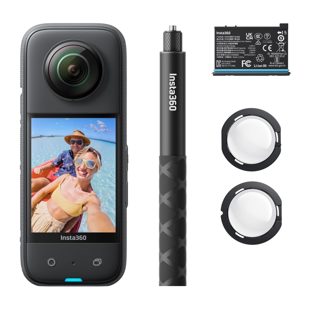 Insta360 X3 Kit de Vlog de 128 GB - Cámara de acción 360 con video HDR activo de 5.7K 360, cámara de lente única 4K, impermeable, estabilización FlowState, pantalla táctil de 2.29 pulgadas, edición AI 