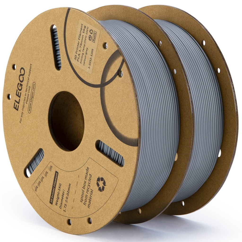 ELEGOO Filamento PLA 1.75mm Gris 2KG, Filamento para Impresora 3D con Precisión Dimensional +/- 0.02mm, Paquete de 2 Carretes de 1kg en Cartón (2.2lbs) Filamento para Impresora 3D Compatible con la