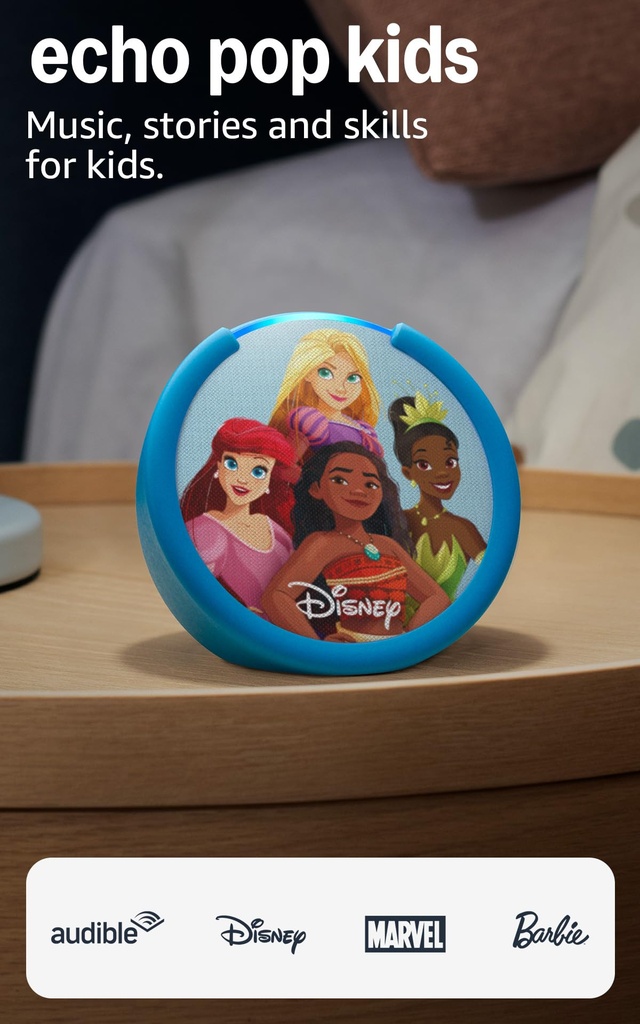 Amazon Echo Pop Kids (modelo más reciente), Disfruta audiolibros apropiados para su edad, juegos interactivos y experiencias Alexa+ para crear y aprender, diseño Disney Princess