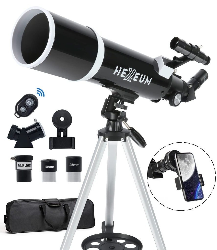 Telescopio hexeum para astrónomos adultos y principiantes - apertura de 80 mm, 600 mm con revestimiento de alta transmisión de revestimiento múltiple completo con montura AZ, adaptador para teléfono, trípode 