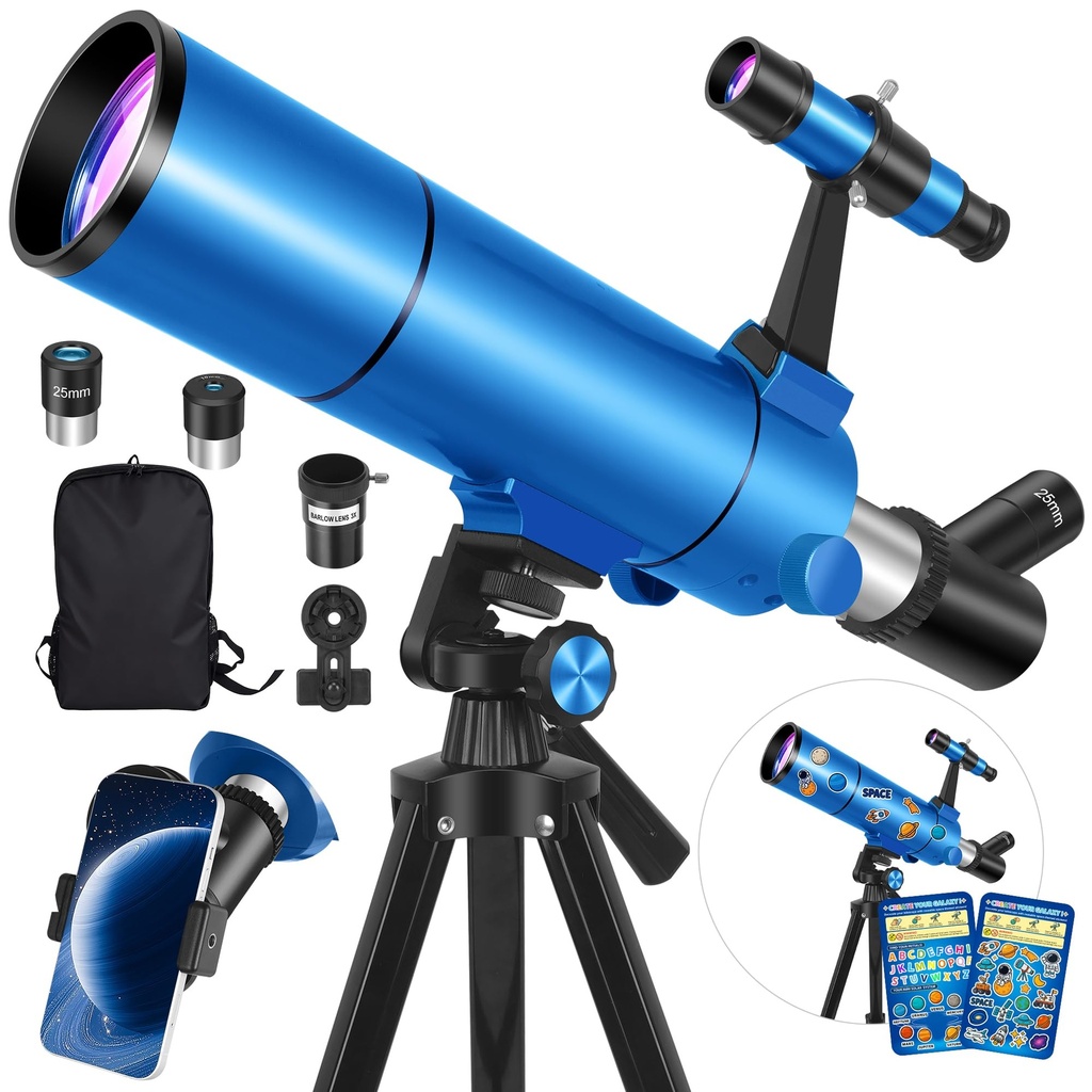 Telescopio para adultos y niños, apertura de 80 mm, 500 mm (20X-150X) Telescopio refractor profesional para principiantes de astronomía, telescopios portátiles de viaje con trípode 