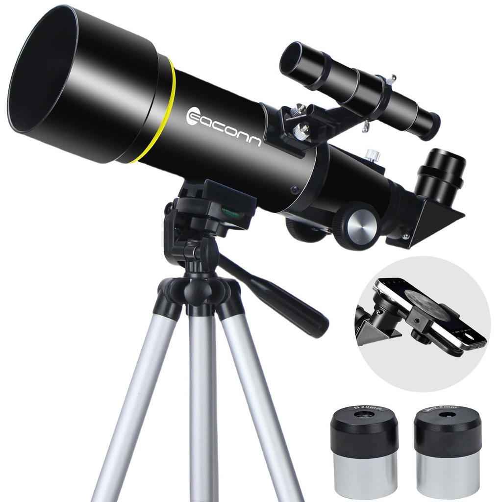 Telescopios, telescopio para niños y adultos principiantes, apertura de 70 mm, longitud focal de 400 mm, telescopio refractor de viaje con montaje AZ para observar la luna y el paisaje - Negro 