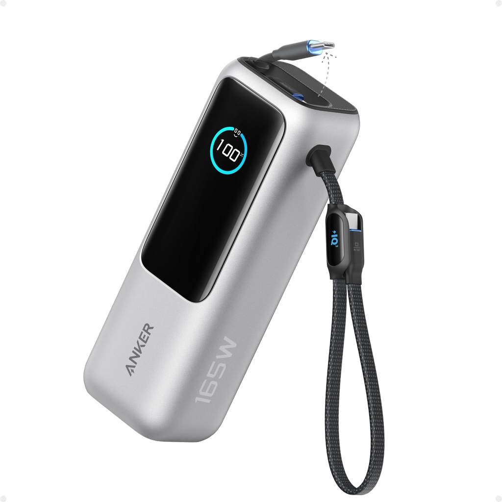 Anker - Batería portátil para laptop de 25,000 mAh con tres puertos USB-C de 100 W, cables retráctiles incorporados, aprobado para vuelos, para iPhone serie 17/16, MacBook, Samsung y más 