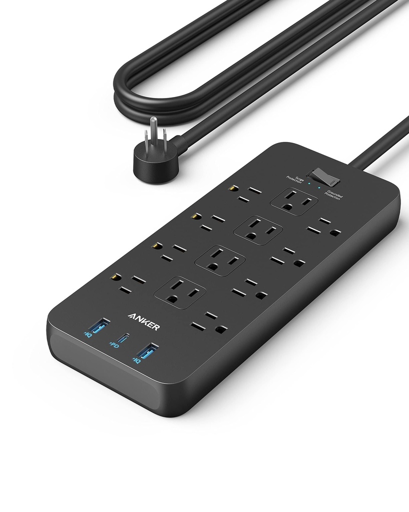 Anker - Regleta de protección contra sobretensiones (2100J), 12 salidas con 1 USB C y 2 puertos USB para iPhone 15/15 Plus/15 Pro/15 Pro Max, cable de extensión de 5 pies, enchufe plano, carga USB C