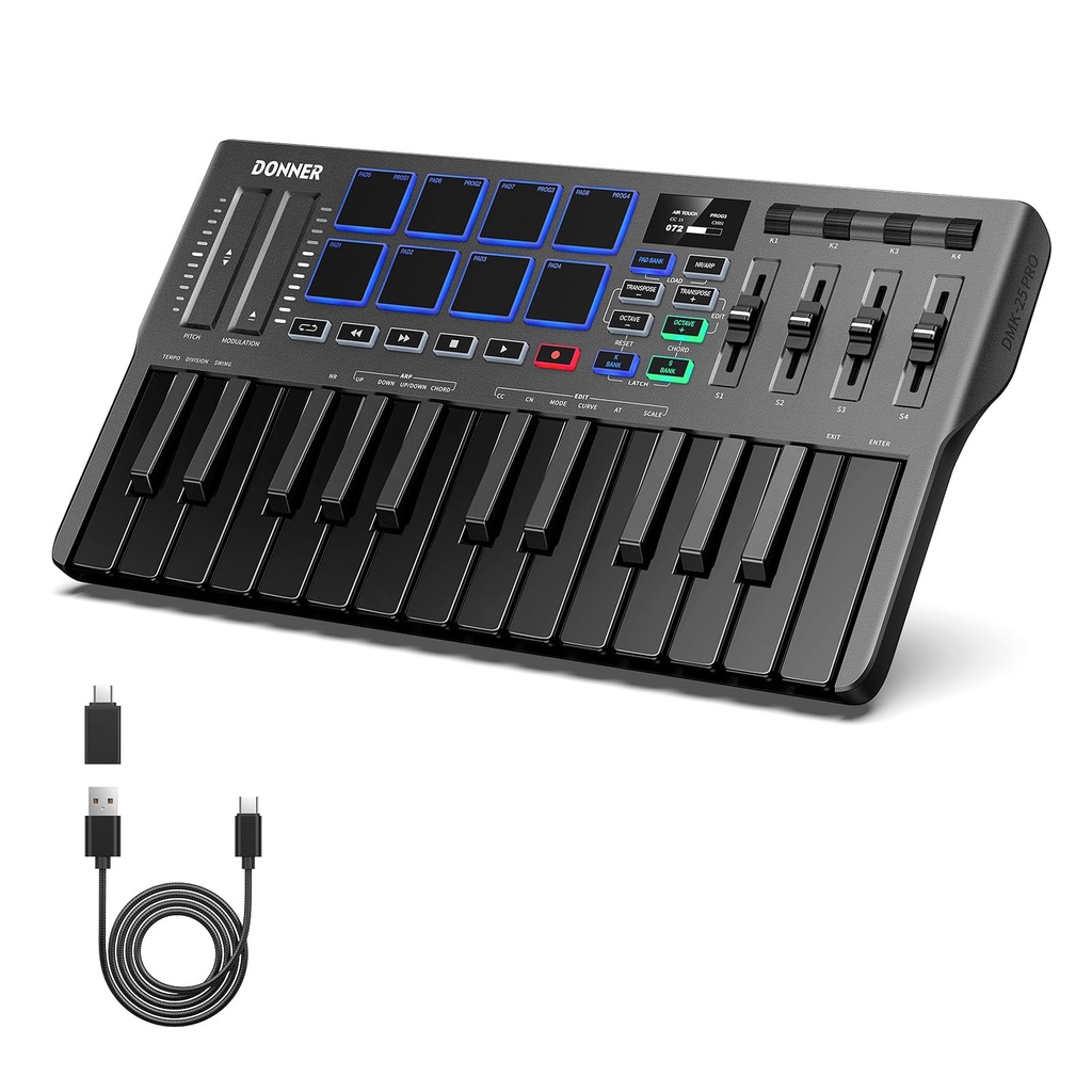 Donner Controlador de teclado MIDI USB-C, mini teclado MIDI portátil de 25 teclas con 8 almohadillas de batería, pantalla OLED, 16 básculas inteligentes, arpegio, reproducción, software de 4 DAW y 40