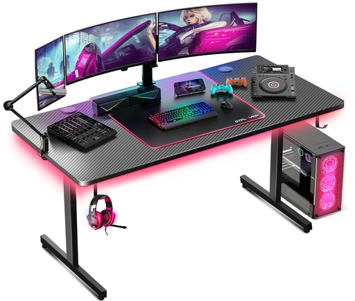 [ECG-00010989] GTRACING Escritorio para juegos de 55 pulgadas con luces LED, escritorio grande para computadora con alfombrilla para mouse para oficina en casa, superficie de fibra de carbono en forma de T