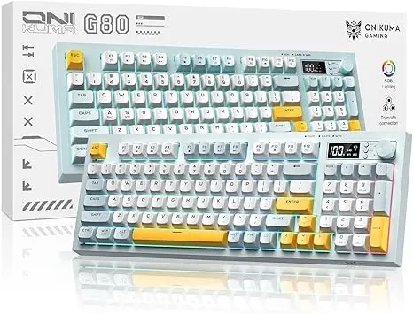 [TCL-00012377] ONIKUMA G80Membrana cremosa de teclado inalámbrico con retroiluminación arcoíris, conectividad de 3 modos (BT/2.4G/USB-C) con pantalla LCD y perilla multifunción, batería de 200 horas