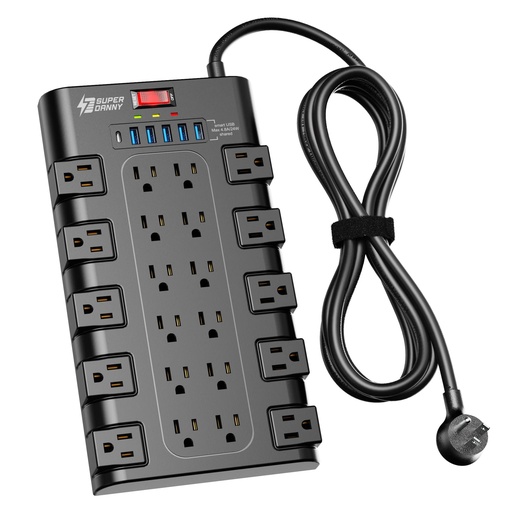 [RGT-00001513] Regleta Power Strip, SUPERDANNY Surge Protector with 22 AC Outlets and 6 USB Charging Ports, 1875W/15A, 2100 Joules, 6.5Ft Flat